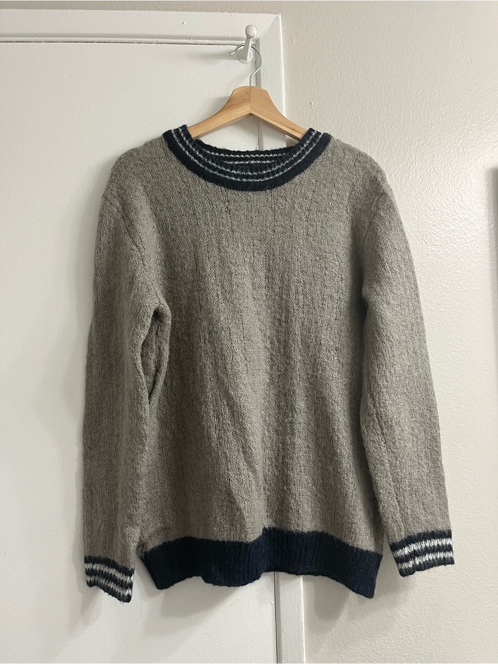 Women's Gray Crewneck Sweater with Navy Trim